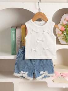 SHEIN Baby Mädchen süßer Prinzessinen-Stil ärmelloses Top mit Schleifen-Dekor und passende Shorts, figurbetonter Schnitt, geeignet für tägliche Ausflüge, Familienfeiern, Geburtstagsfeiern, Freizeitaktivitäten und Fotoshootings - Aprikosenfarben - Übersicht 3