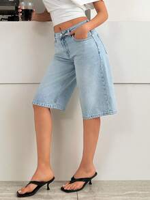 SHEIN Cottnline شورت جينز كاجوال أزرق فاتح منخفض الخصر أسفل الركبة - أزرق فاتح - مشاهدة 3