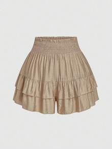 SHEIN LUNE Pantalones cortos de pierna ancha con cintura de bolsa de papel y dobladillo con volantes para tallas grandes - Albaricoque - Ver 1