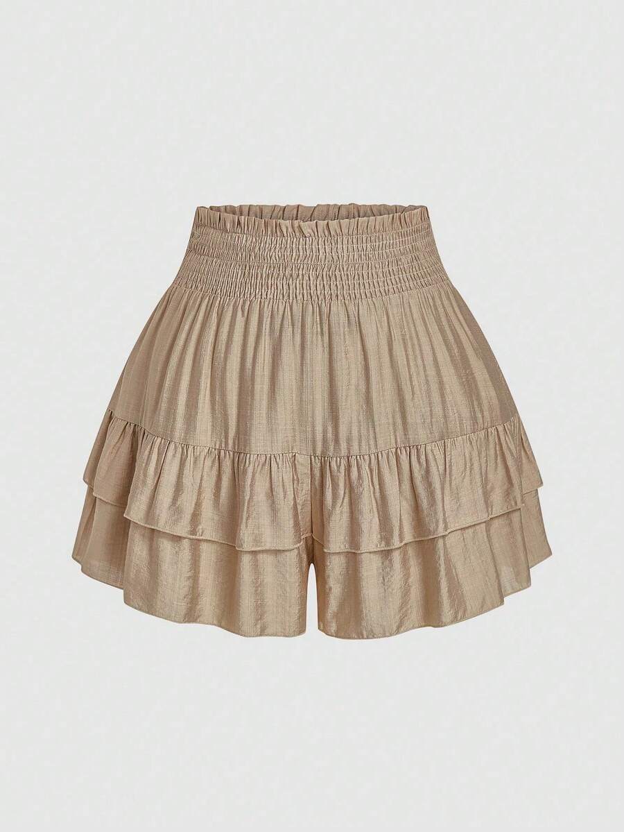 SHEIN LUNE Pantalones cortos de pierna ancha con cintura de bolsa de papel y dobladillo con volantes para tallas grandes - Albaricoque - Ver 1