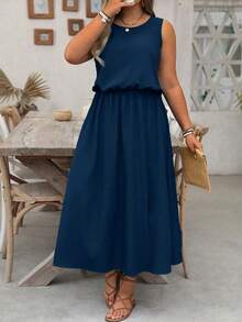 EMERY ROSE Plus Size LUNE Sleeveless Solid Color Casual Office Dress, Waisted Fit, Slit Hem, Suitable For Women - Blue - View 3