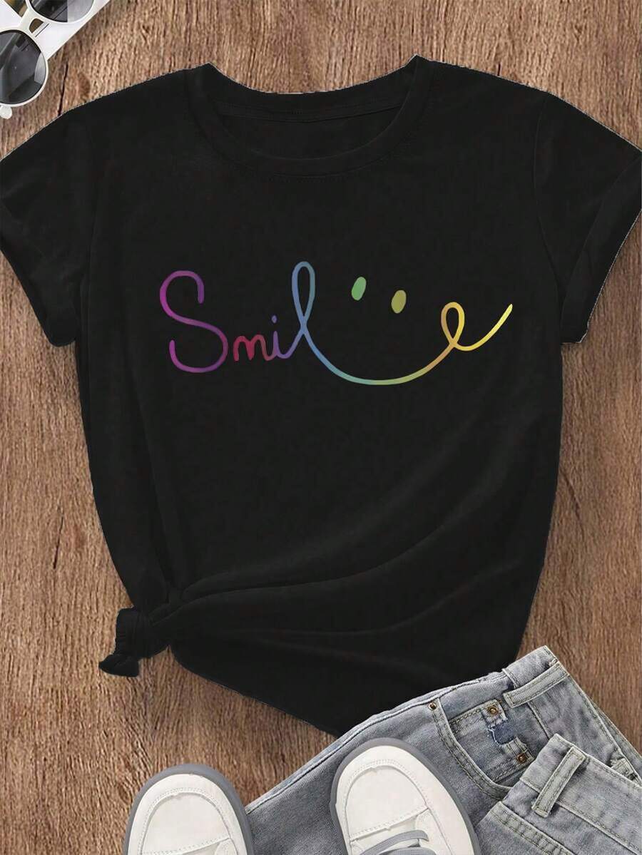 EMERY ROSE Cartoon Letter Print Crewneck T-Shirt With Pattern - Women's Blouse - Black - View 1