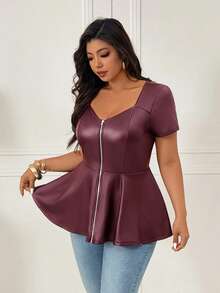 Femmeverse Women's Plus Size New Solid Color Square Neck Keyhole A-Line Elastic PU Top, Slimming And Hip Covering - Burgundy - View 4