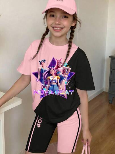 1 Set Girls' Casual Fashionable K-POP Idol Girl Group Print T-Shirt And Shorts Set, Personality Colorful Gradient Letter Print, Versatile And Stylish Summer Outfits