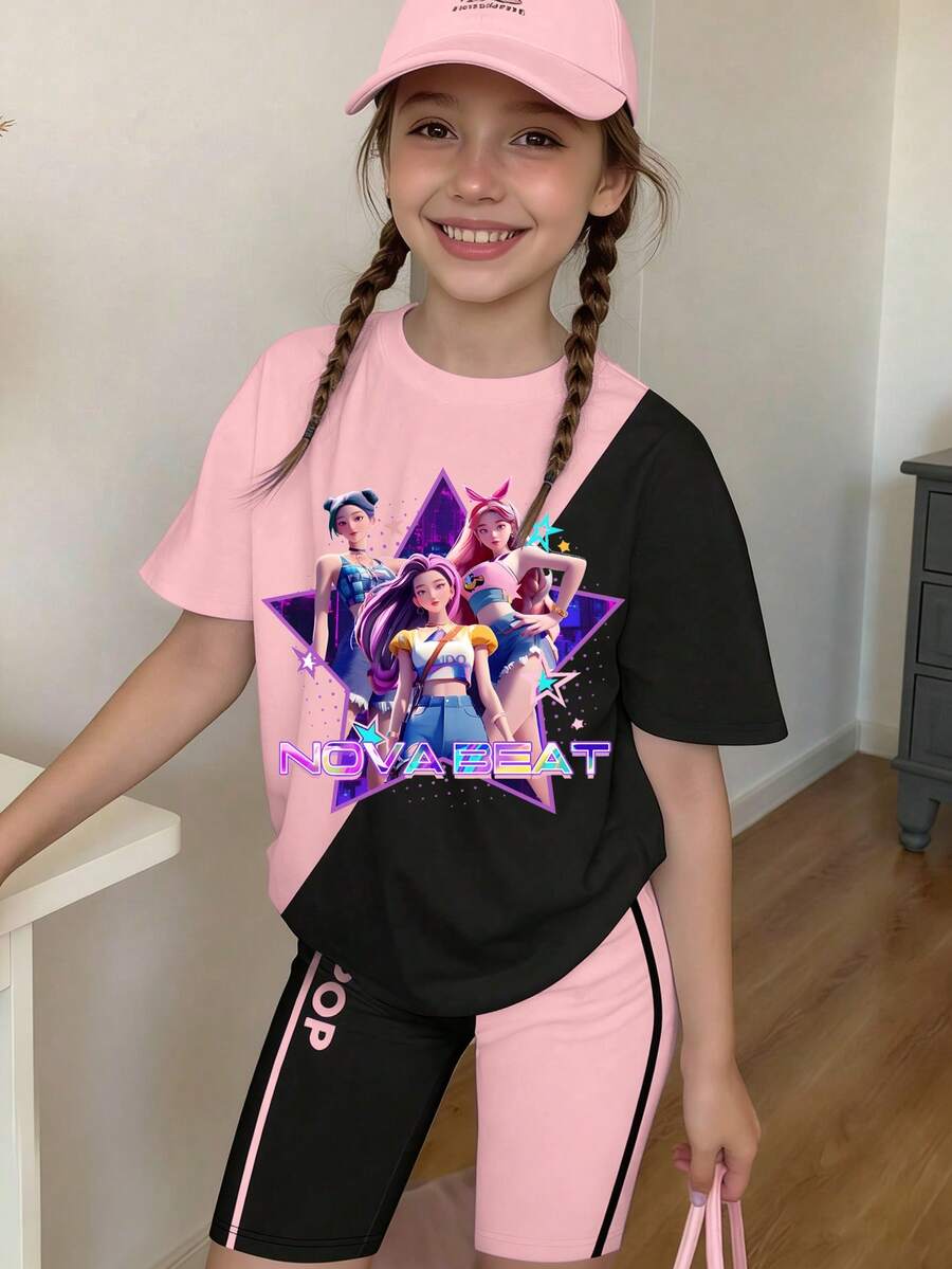 一套少女休闲时尚韩流偶像女团印花T恤和短裤套装，个性化彩色渐变字母印花，百搭时尚夏季服装 - 彩色 - 查看 1