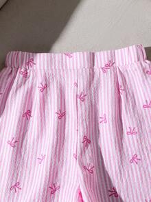 SHEIN Set Atasan Tanpa Lengan dan Celana Pendek untuk Anak Perempuan Remaja, Warna Pink Pastel, Musim Panas, Lucu, Liburan, Desain Garis-garis dengan Sabuk Pinggang, Gaya Komuter Sederhana untuk Pakaian Anak Perempuan Remaja - Berwarna merah muda - View 8