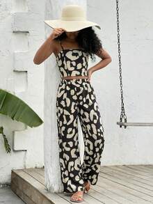 SHEIN Tween Girl Casual Leopard Print Camisole And Wide Leg Pants Set,Kids - Black - View 6