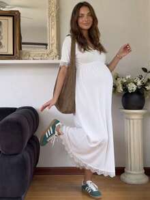 SHEIN Maternity Casual V-Neck Lace Patchwork Dress - White - View 1