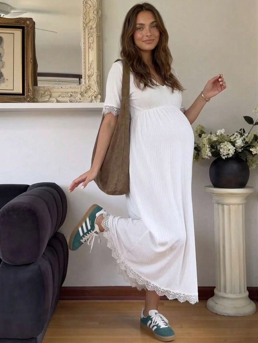 SHEIN Maternity Casual V-Neck Lace Patchwork Dress - White - View 1