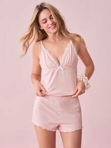 SHEIN 2pcs/Set Women Sexy Spaghetti Strap Top & Shorts Sleepwear Pajama Set Cozy And Elegant Details, Fall Winter Clothes - Dusty Pink - View 3