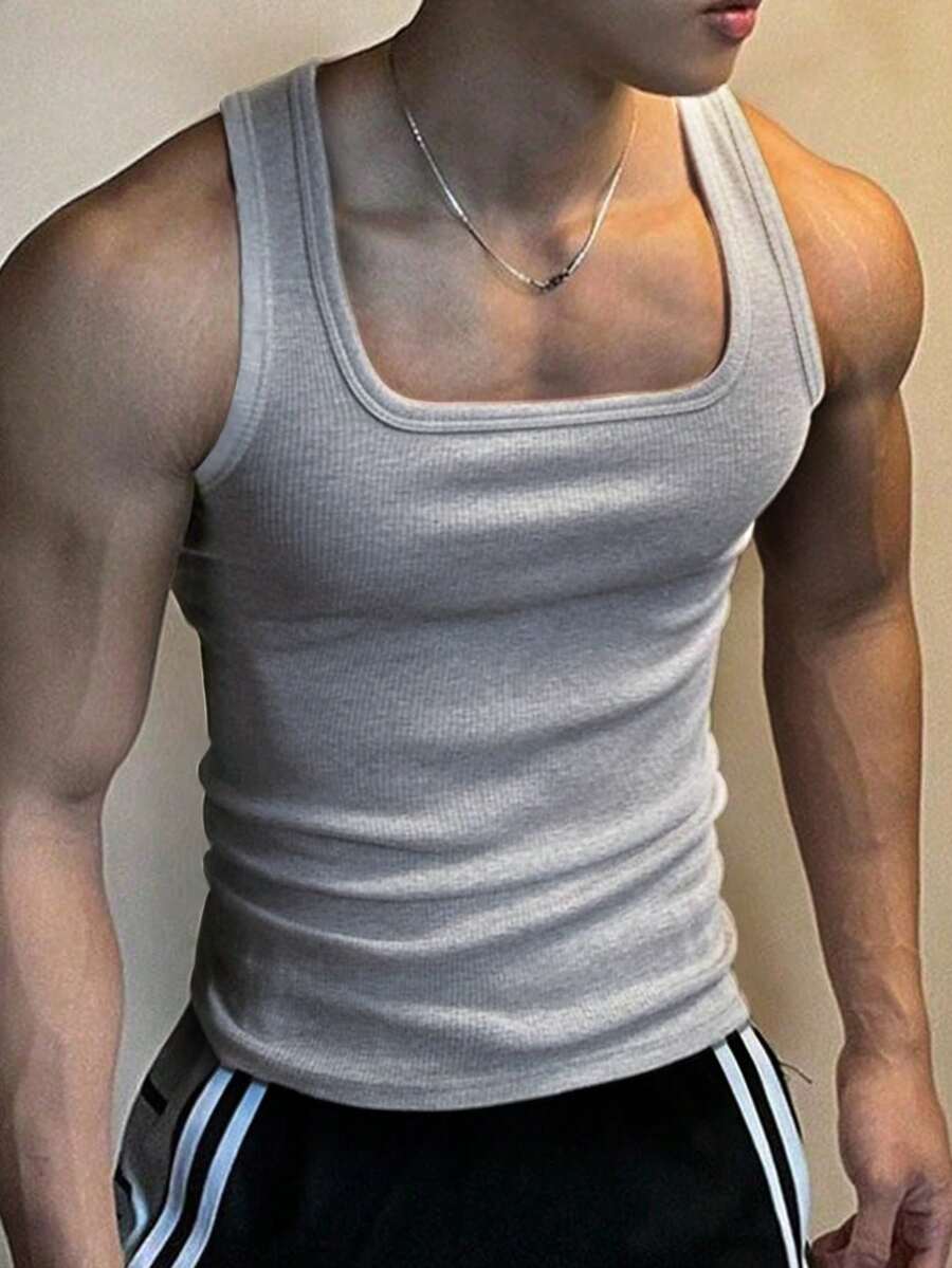 SHEIN Manfinity Dauomo Áo tank top nam mùa hè, màu trơn, cổ vuông, dáng ôm - Xám - Xem 1