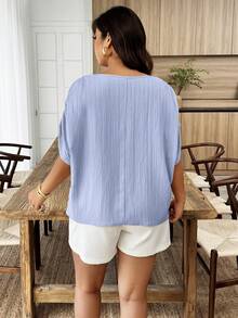 Weeklong Camisa casual holgada con cuello redondo y mangas fruncidas para mujer talla grande, para primavera/verano - Celeste - Ver 2