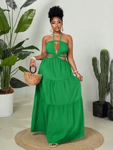 Maweii Plus Size Solid Color Vacation Strapless Dress - Green - View 6