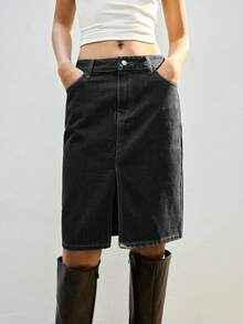Maija Women's Black Denim Skirt, Midi Length, Simple And Stylish For The Workplace. - Black - View 6