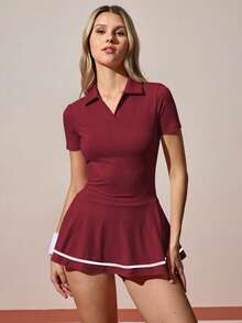 CourtClass Casual Ruffled Collar Half-Zip Short Sleeve Sports Dress Collared Athletic Dress Red Golf Dress Short Sleeve Tennis Dress Cute Tennis Outfit 2 Pieces Golf Skort Woman Sport Dress With Pockets Women's Tennis Dress Quick Dry Golf Dresses Women's Athletic Dresses Women's Golf Dress Athletic Dresses With Pockets Tennis Dresses For Women Quick Ship Items For Women Regular Size Women Clothes Women's Tennis Outfits - Burgundy - View 3