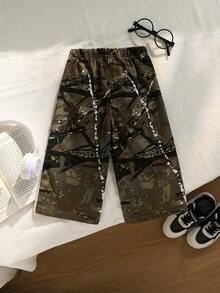 SHEIN 男女童迷彩印花弹力腰宽松牛仔裤，婴儿下装，街头风，春夏款 - 綠色 - 查看 2