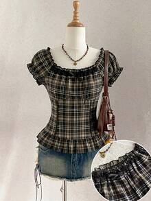 Attitoon Blusa con hombros descubiertos, volantes y cuadros en color café, top lindo para mujer - Café integral - Ver 7