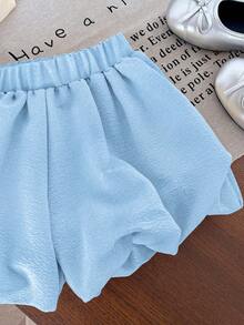 Genkimix Kids 2pcs Young Girl Bow Decor Casual Sleeveless Top + Solid Color Casual Shorts Set - Blue - View 4