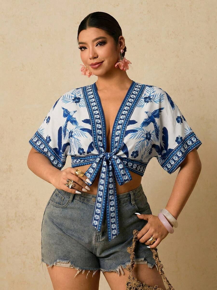 SHEIN TRVLCHIC Plus Size Tropical Print Batwing Sleeve Tie Front Cropped Shirt - Multicolor - View 1
