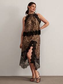 Freevana 大码女式豹纹蕾丝吊带上衣和高开衩裙两件套，时尚约会装扮 - 咖啡棕 - 查看 6