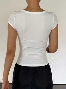 ajustada de manga corta y cuello cuadrado de unicolor para mujer, uso casual diario, tops cortos para mujer, tops lindos - Blanco 14 - Ver 4