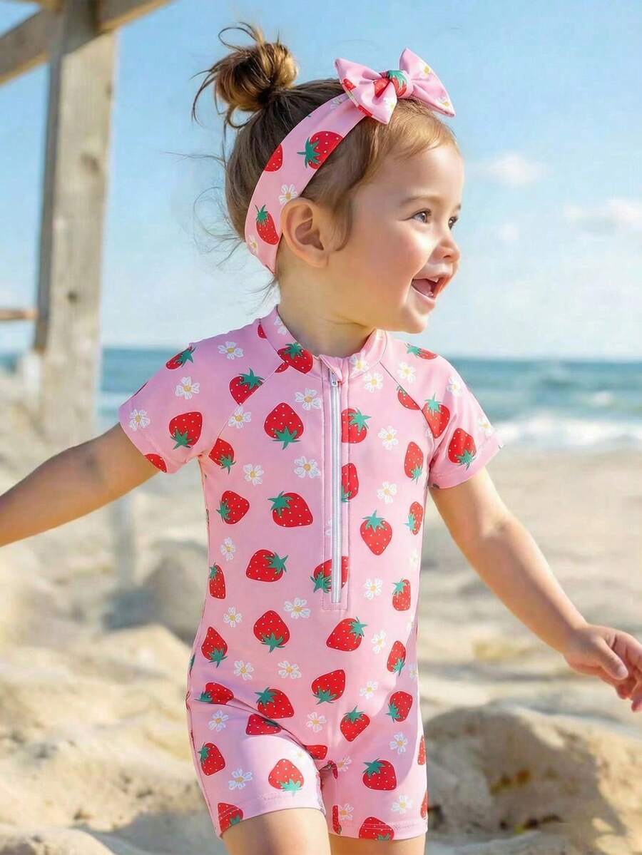 Baby Girl Strawberry Print Zipper Half-Placket Raglan Sleeve Swimsuit, Summer Beach Vacation - Pink - View 1