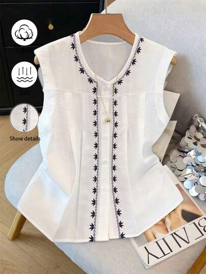 GlowEve Women's White Vintage Embroidered Floral V-Neck Sleeveless Blouse
