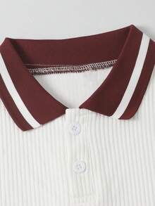 SHEIN Mirajuku 2件套男童条纹短袖polo衫和短裤套装 - 酒紅色 - 查看 4