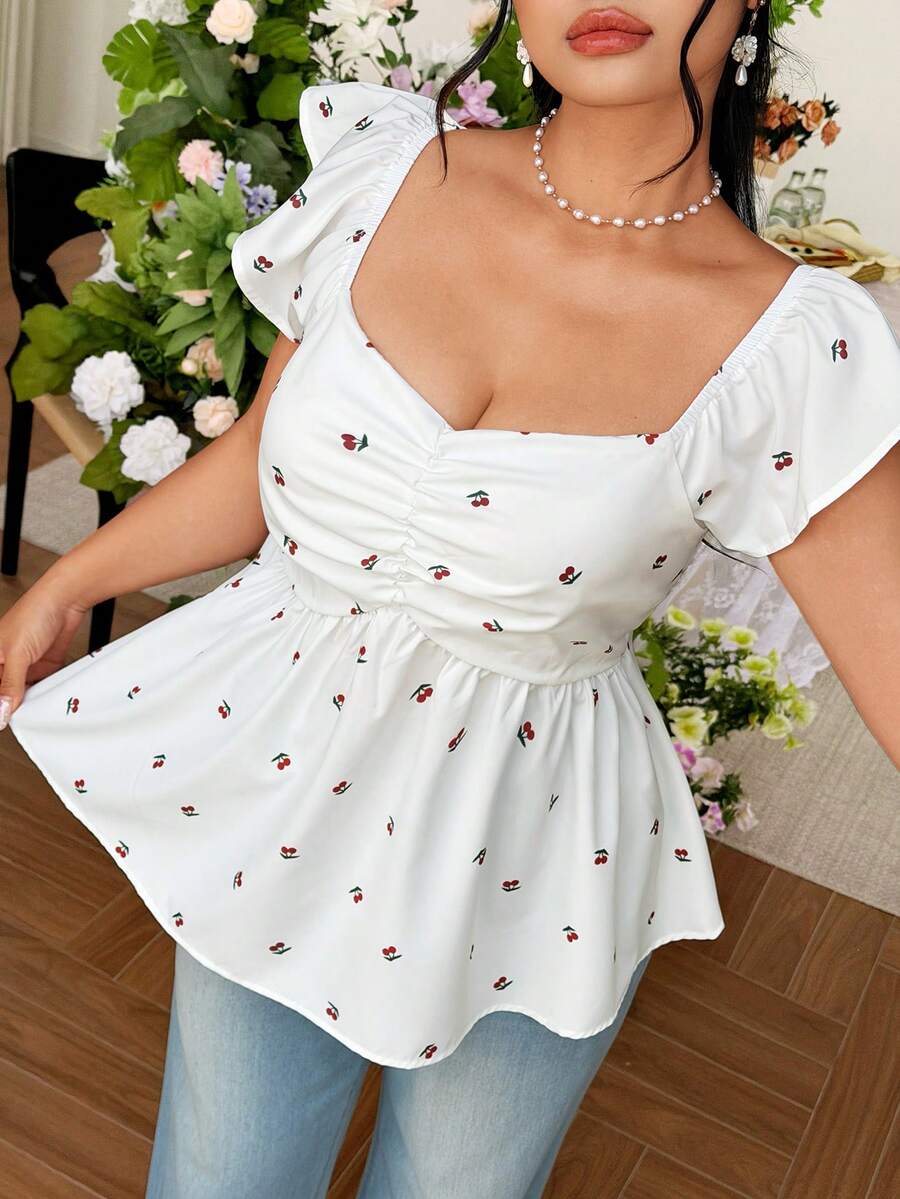 FleurLily Blus Ukuran Besar Motif Ceri Lengan Pendek dengan Pinggang Berkerut - Putih - View 1