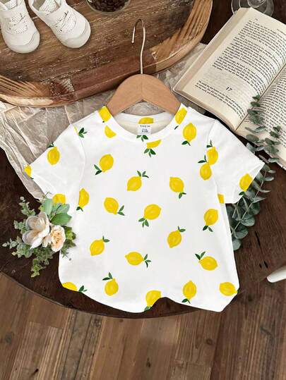 Baby Girls' Casual Minimalist White Base Round Neck Yellow Lemon All-Over Print Knit Digital Printed Short Sleeve Top, Suitable For Summer School, Home, Outdoor Wear, Cute Summer Baby Girl Outfit, Korean Style