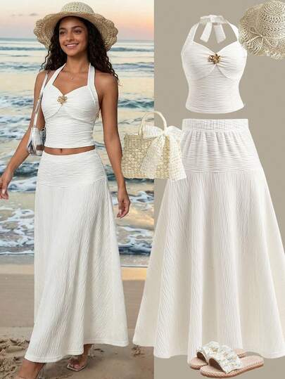 Sparklyn Teenage Girls' Elegant Vacation Seaside Sweet French Bow Halter Floral Decor Top And Long Skirt/Tight Short And Loose Long Knit Jacquard Vest Set, Spring/Summer