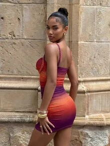 Aloruh 女士新款夏季度假音乐节扎染印花网纱扎染印花编织肩带扭结胸罩杯性感修身鱼尾连衣裙，适合海滩、度假、沙滩、日落等场合 - 彩色 - 查看 3