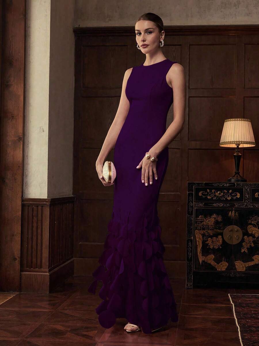 ZEYLAH Elegante vestido de sirena sin mangas de unicolor - Morado - Ver 1
