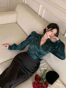 DAZY Áo kiểu màu xanh lá cây đính ngọc trai, bóng bẩy, thích hợp cho ngày Valentine, đám cưới, tiệc tùng, các dịp trang trọng, thời trang, dáng ôm, thanh lịch, tay dài, áo sơ mi nữ, mùa xuân & hè. - Màu xanh Cadet - Xem 5