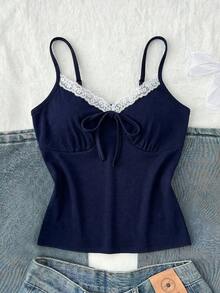 SHEIN 少女撞色蕾丝前系带荷叶边吊带背心 - 藏蓝色 - 查看 1