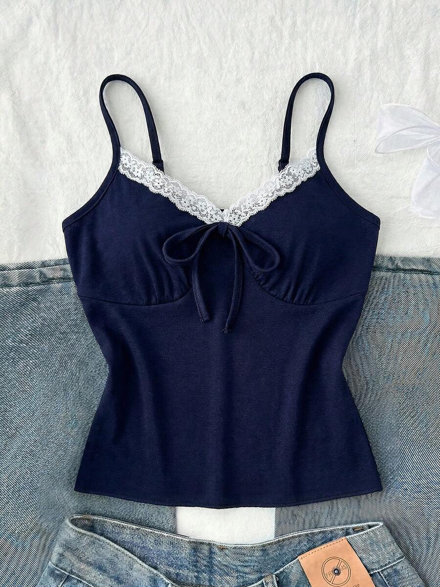 SHEIN 少女撞色蕾丝前系带荷叶边吊带背心 - 藏蓝色 - 查看 1