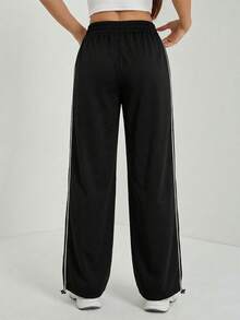 SHEIN Tall Y2K街头风百搭阔腿裤，低腰抽绳腰带撞色滚边裤 - 黑色 - 查看 2