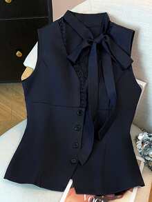 Franclia Sleeveless Tie-Waist Black Vest Shirt - Navy Blue - View 7