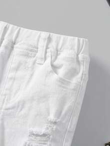SHEIN Pantalón corto vaquero casual, suave y lindo con bordes deshilachados y desgarrados para bebé niño, para el verano - Blanco - Ver 5