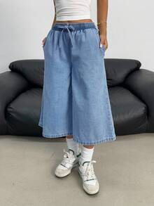 SHEIN 青少年女孩Y2K時尚淺色水洗寬鬆彈性抽繩腰牛仔寬腿牛仔褲，適合夏季海灘波希米亞度假、音樂會節慶休閒電音派對、早午餐、教堂、畢業典禮 - 中等水洗藍 - 查看 3