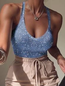 Rovax 女士U领无袖修身数码印花连体衣，夏季时尚之选 - 彩色 - 查看 4