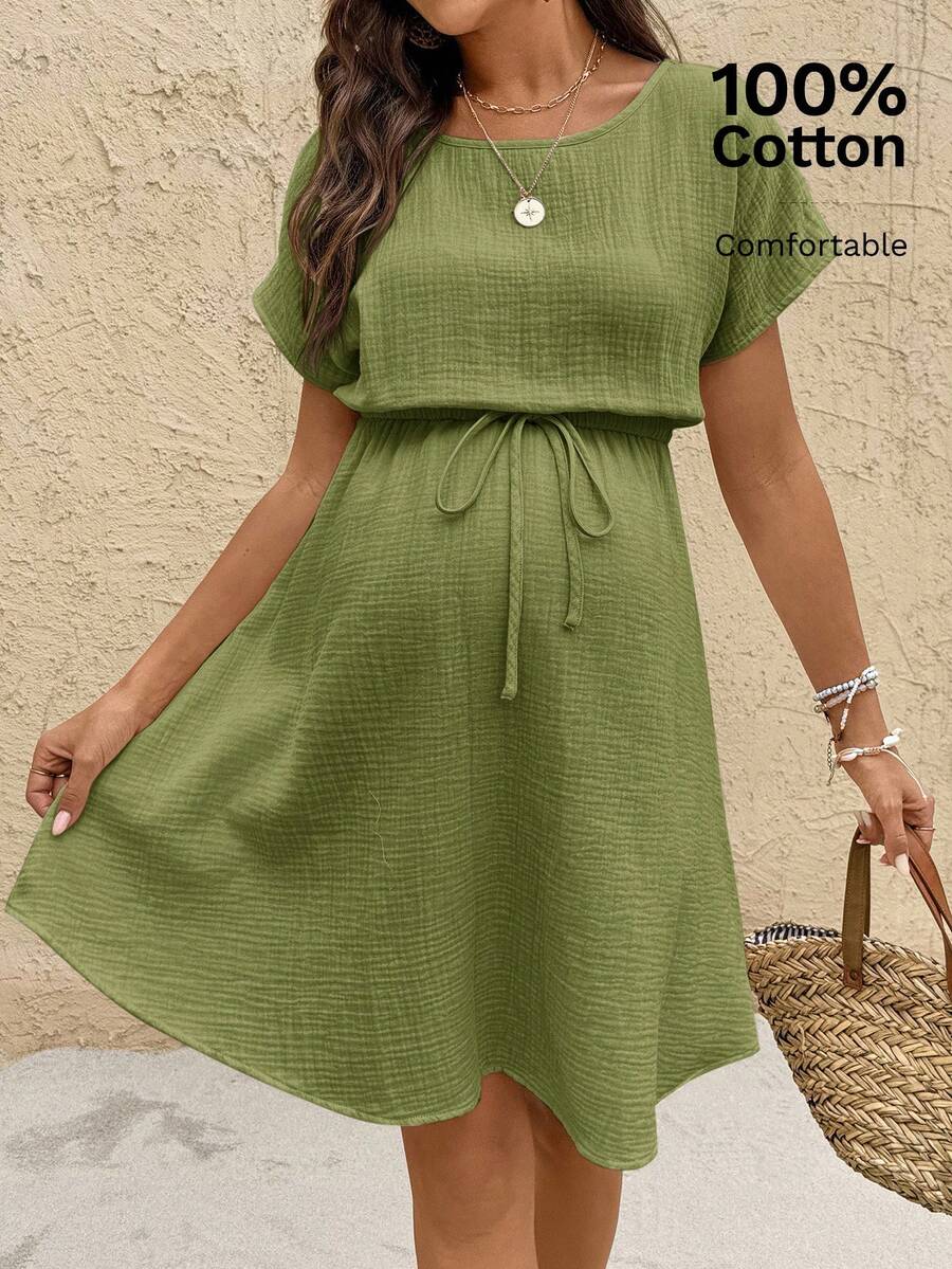 SHEIN Boat Neck Solid Color Waist Bow Decor Maternity Dress - Green - View 1