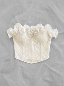 Soleia Women's Solid Color Ruffle Trim Bandeau Top White Ruffle Top White Top Cute White Top Sweetheart Neckline Tops,Summer Top - Apricot - View 3