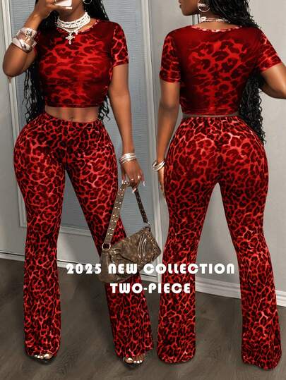 Slaydiva 2025 New Summer Casual Street Sexy Daily Dating Party Y2K Round Neck Short Sleeve Cropped T-Shirt + Flared Ultra-Long Pants Leopard Print Mesh Knitted Women's Two Pieces Set-E Two Pieces Outfit Women's Animal Print Set Women's Tracksuit Leopard Print Outfit Women Ladies Clothes