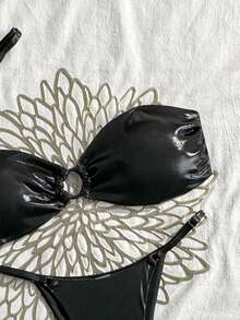 Swim SXY Women's New Solid Color Spaghetti Strap Round Ring Decor Halter Backless Bikini Set Top And Bikini Bottom Sexy Swimwear Set - Black - View 2