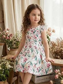 女童春夏休闲简约新款连衣裙,粉色碎花数码印花针织面料,圆领无袖荷叶边腰身连衣裙,适合可爱、优雅、简约的小女孩,适合日常、上学、外出、海滩、派对等场合。春夏儿童连衣裙,白色碎花连衣裙,女童短袖连衣裙,小女孩连衣裙,热带风情连衣裙 - 彩色 - 查看 4