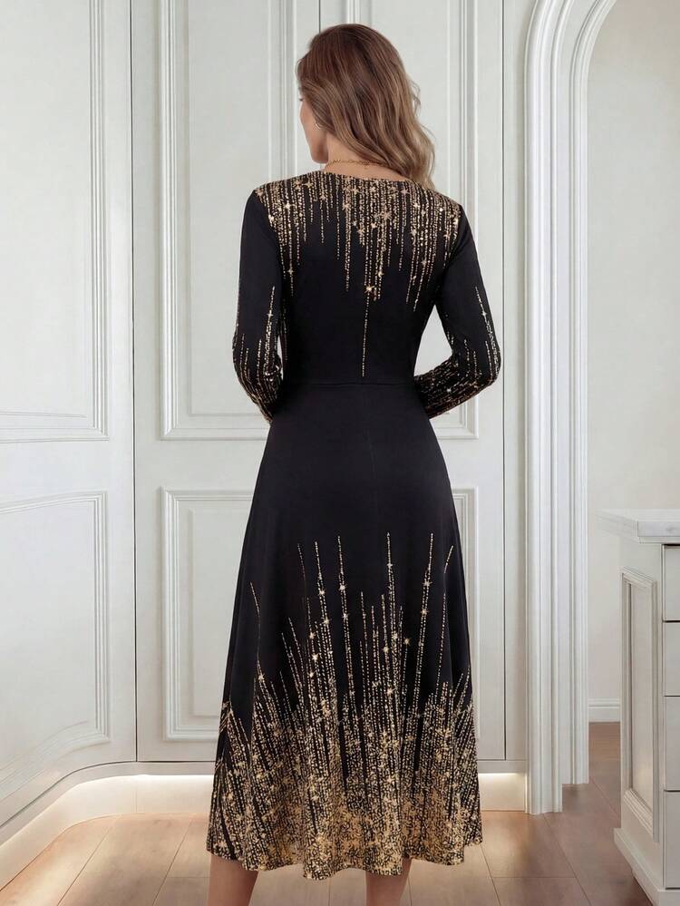 Women's Elegant Floral Print Round Neck Long Sleeve Midi Dress Elegant Midi Dress Long Sleeve Elegant Dress Black Church Dress Women Fall Dresses Party Dresses For Women Long Party Dress Wedding Party Dress Shiny Dress,Dresses For Women Elegant,New Year Dress ,Elegant Party Dresses,Dresses For Women Elegant New Year Dress New Year Clothes