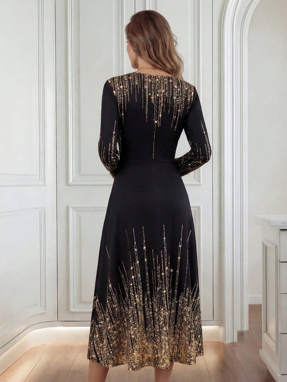 Women's Elegant Black And Gold Floral Print Round Neck Long Sleeve Midi Dress,Autumn Shiny Party Wedding Day Party New Year Church Fall Dresses