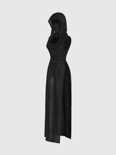 ROMWE Y2K Apocalyptic Vintage Hooded Sleeveless High Slit Lace-Up Sheer Sexy Crop Top
