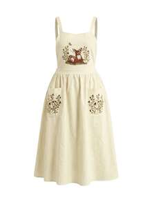 ROMWE Fairycore 大码复古刺绣鹿花卉休闲连衣裙 - 杏色 - 查看 1